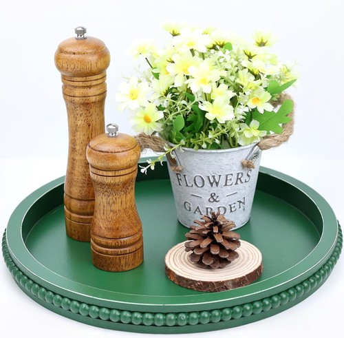 Round green wood ottoman - wood, tray
