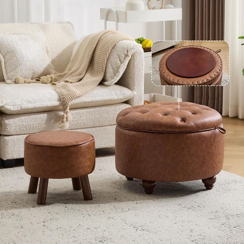 24in round leather ottoman set - round,